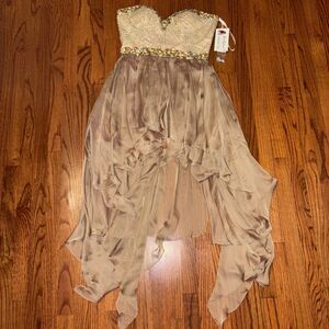 SHERRI HILL Gold Beaded High-Low Formal Gown – Size 12